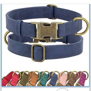 New Didog Leather Dog Collar Blue Size M Metal Buckle Adjustable Sturdy Ring